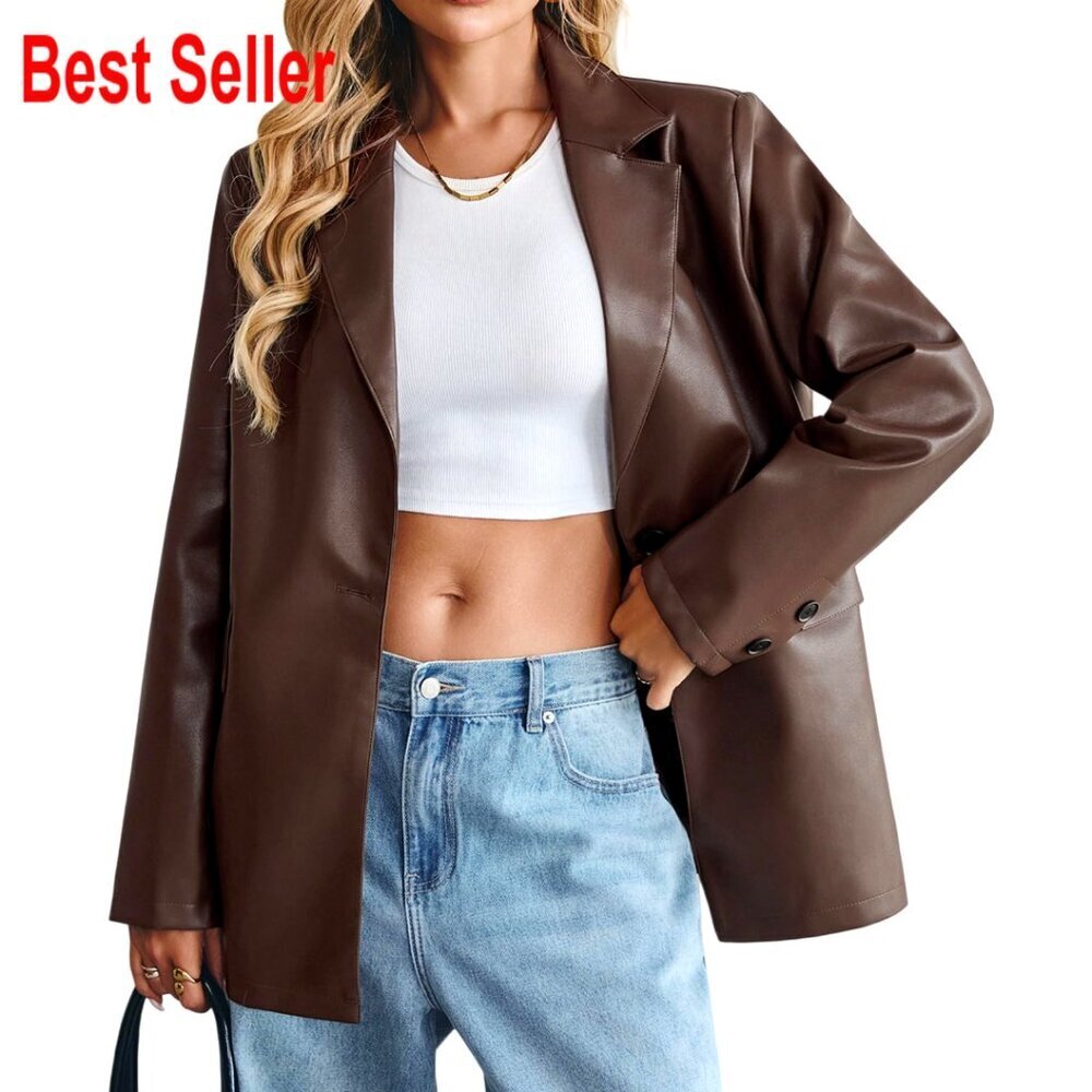 Faux Leather Blazer Oversized Bomber Jacket with Pockets